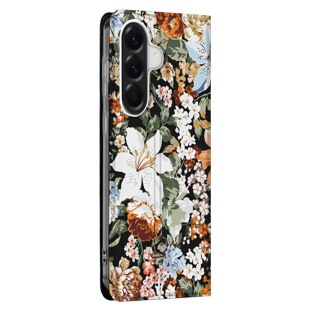Samsung Galaxy A57 Standcase Hoesje Dark Flowers bloemenprint zijaanzicht.