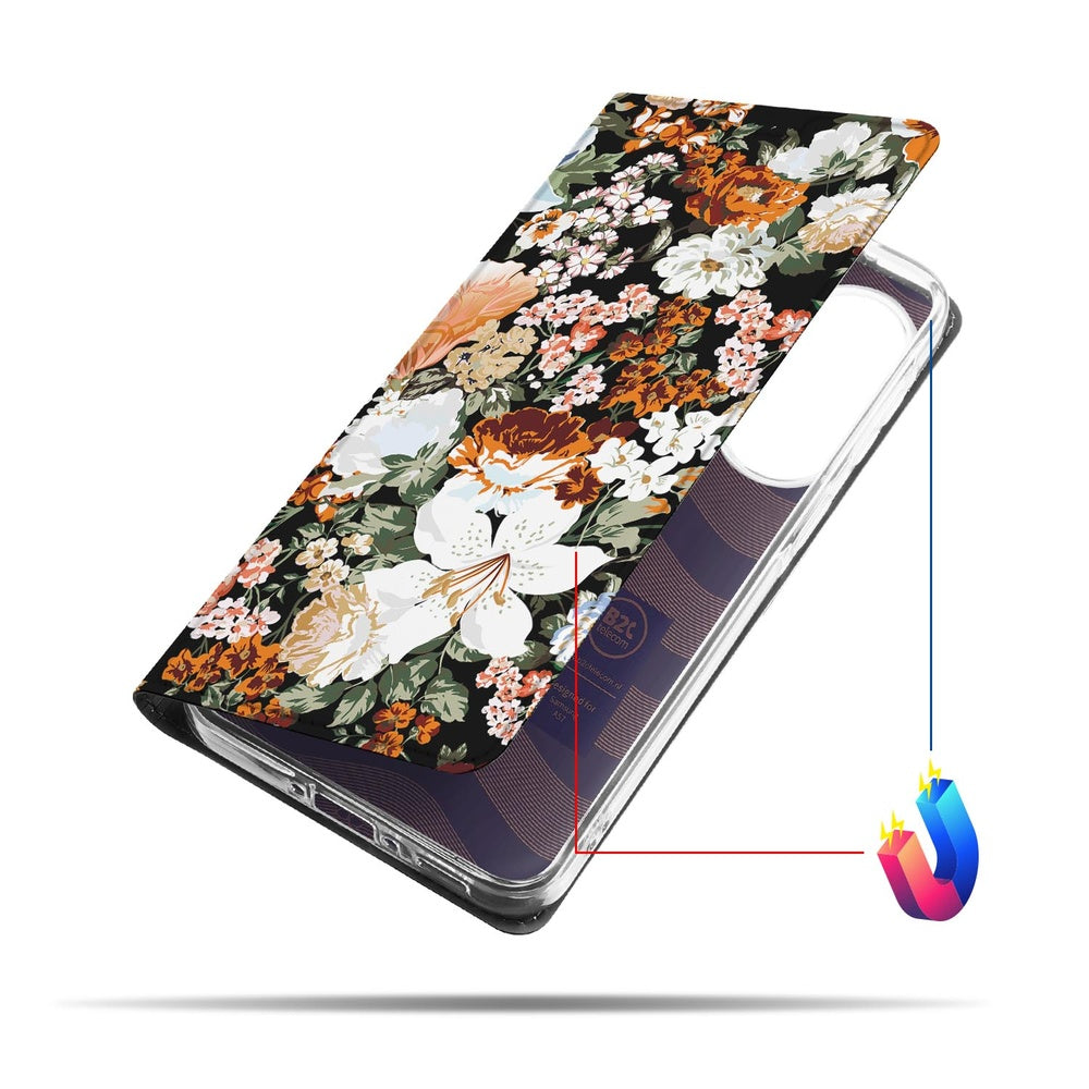 Samsung Galaxy A57 Standcase Hoesje Dark Flowers detailaanzicht donker bloemenprint.