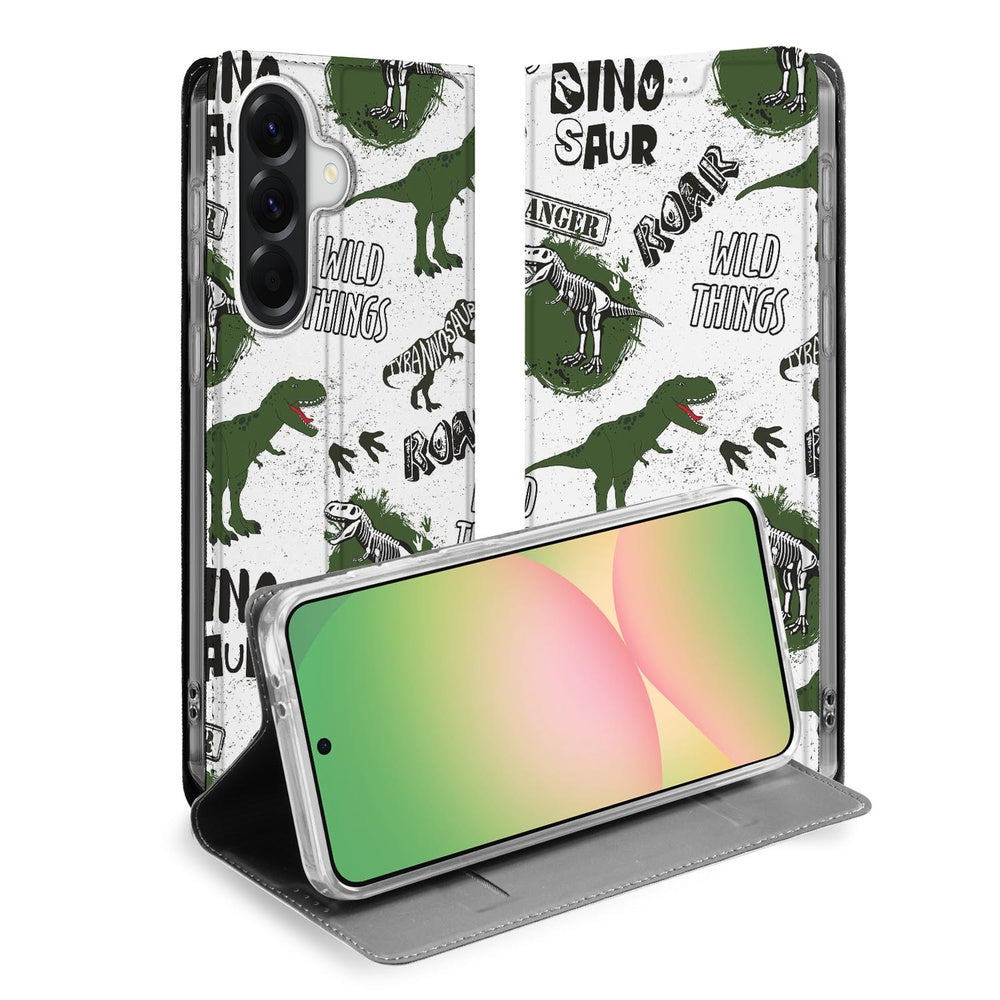 Samsung Galaxy A57 Smart Cover Hoesje Dinosaurus dinosaurusdruk groene design vooraanzicht.