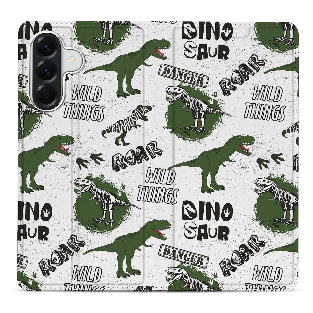 Samsung Galaxy A57 Smart Cover Hoesje Dinosaurus dinosaurusprint groen vooraanzicht.