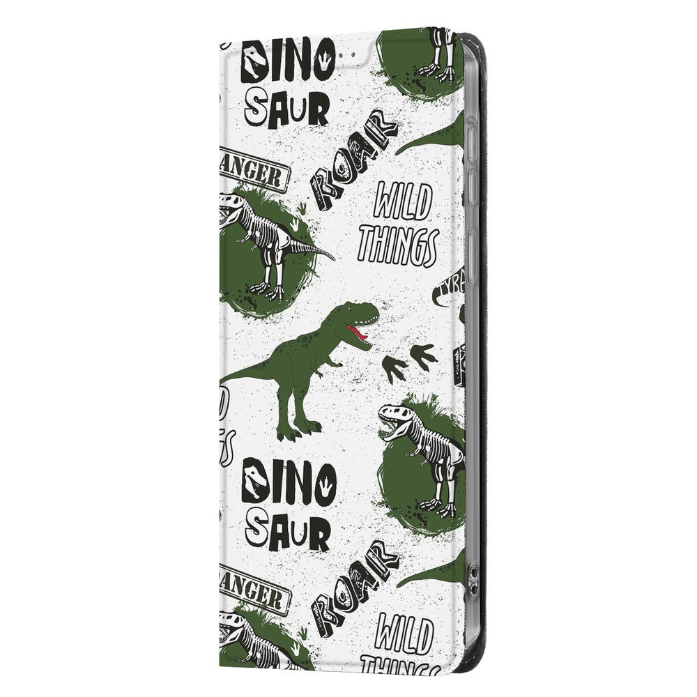 Samsung Galaxy A57 Smart Cover Hoesje Dinosaurus dinosaurussen groene print vooraanzicht.