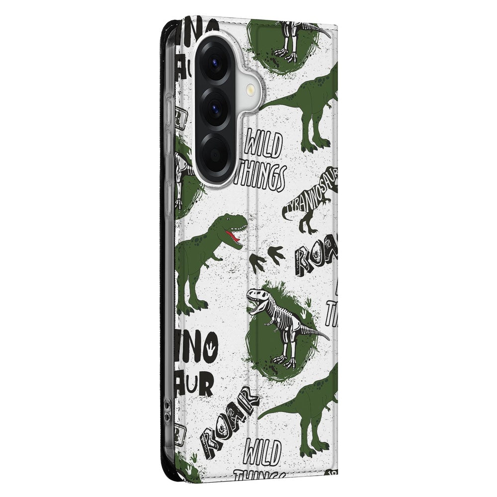 Samsung Galaxy A57 Smart Cover Hoesje Dinosaurus dinosaurusdruk groen pootafdrukken vooraanzicht.