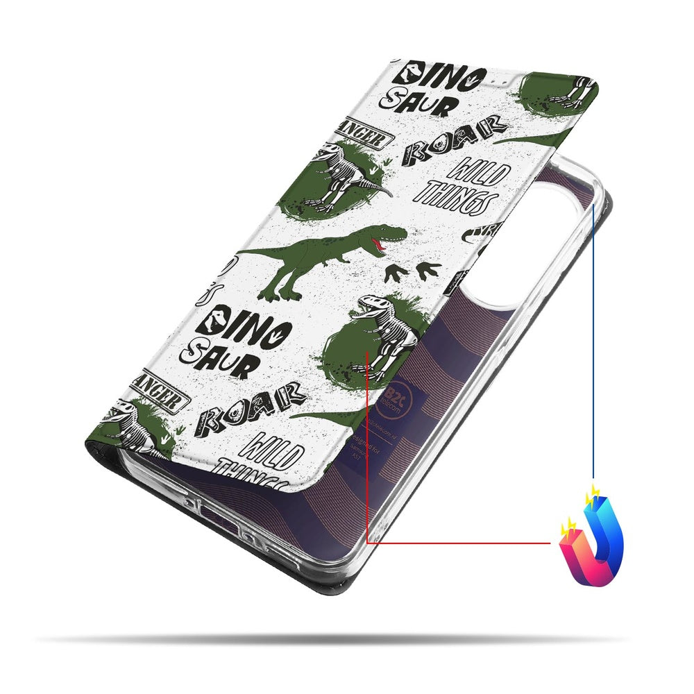 Samsung Galaxy A57 Smart Cover Hoesje Dinosaurus dinosaurussen print detail.