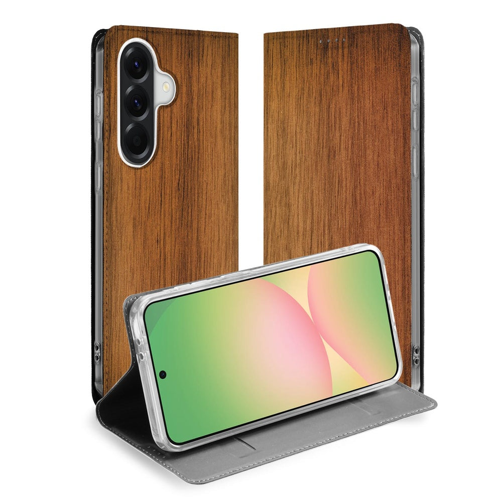 Samsung Galaxy A57 Flip Style Cover Donker Hout Vooraanzicht.