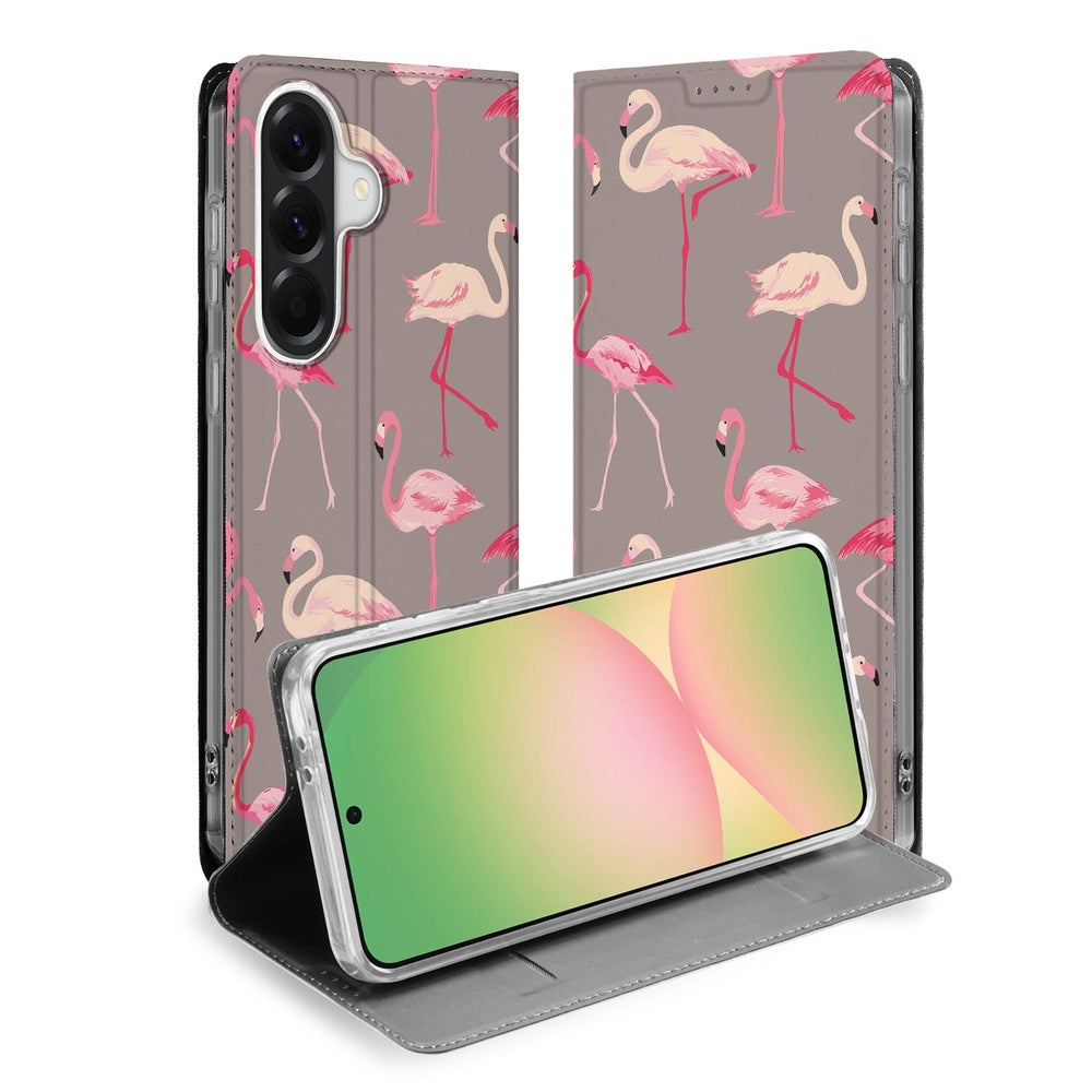 Samsung Galaxy A57 Standcase Hoesje Flamingo flamingo print voorkant en achterkant.