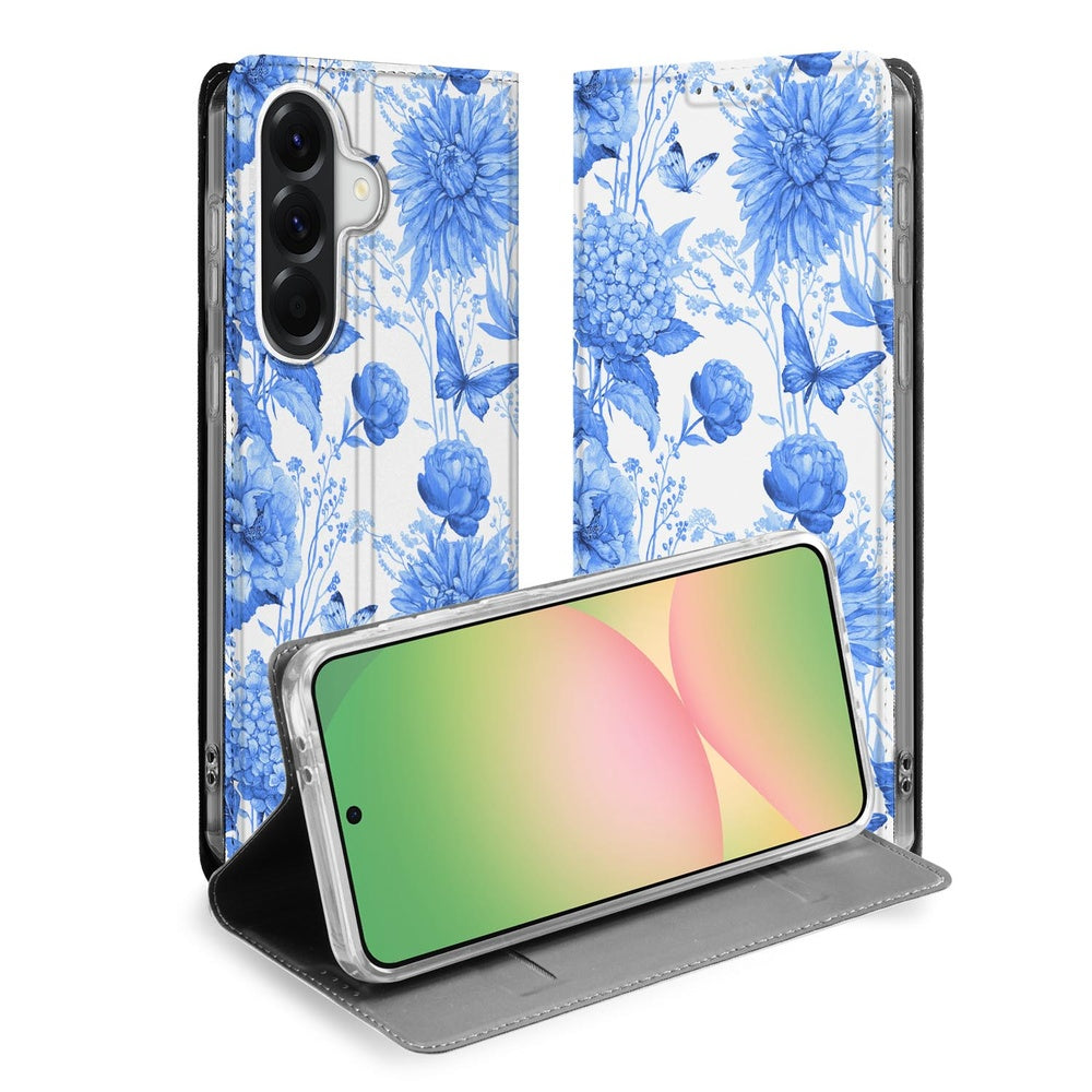 Samsung Galaxy A57 Book Case Flowers Blue boekhoes bloemenprint voorkant.