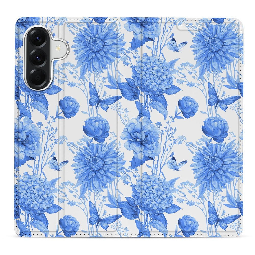 Samsung Galaxy A57 Book Case Flowers Blue bloemenprint detail.