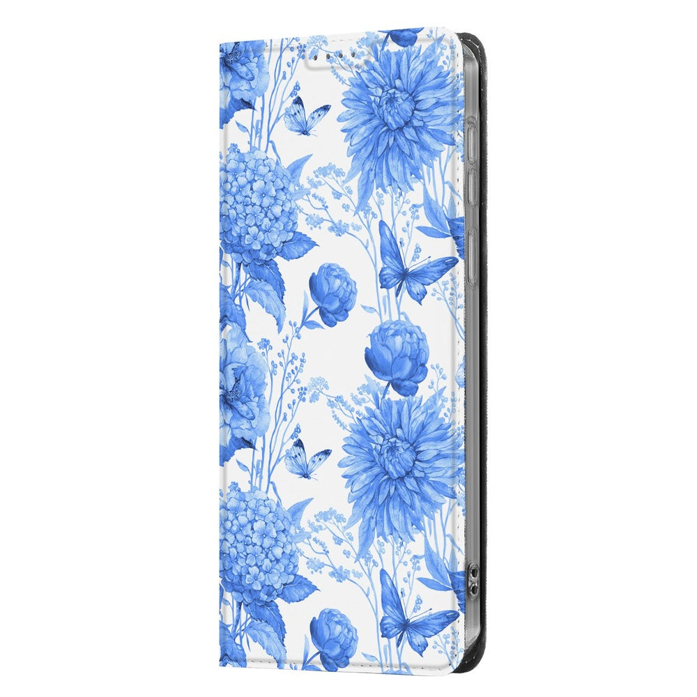 Samsung Galaxy A57 Book Case Flowers Blue bloemenprint design vooraanzicht.
