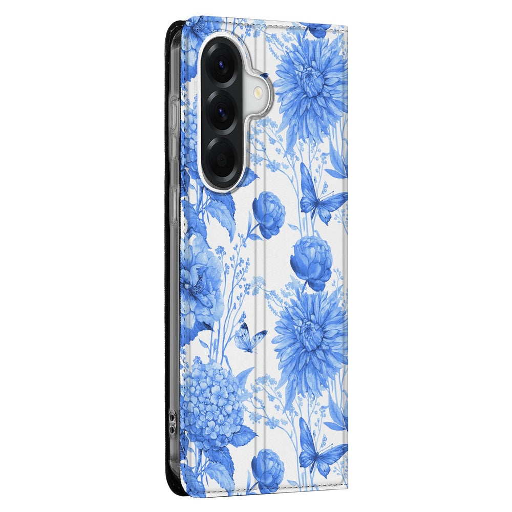 Samsung Galaxy A57 Book Case Flowers Blue bloemenprint zijkant.
