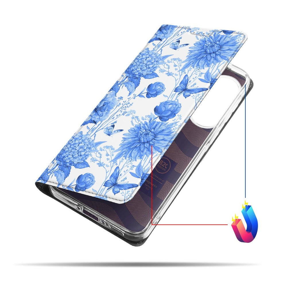 Samsung Galaxy A57 Book Case Flowers Blue bloemenprint vooraanzicht.