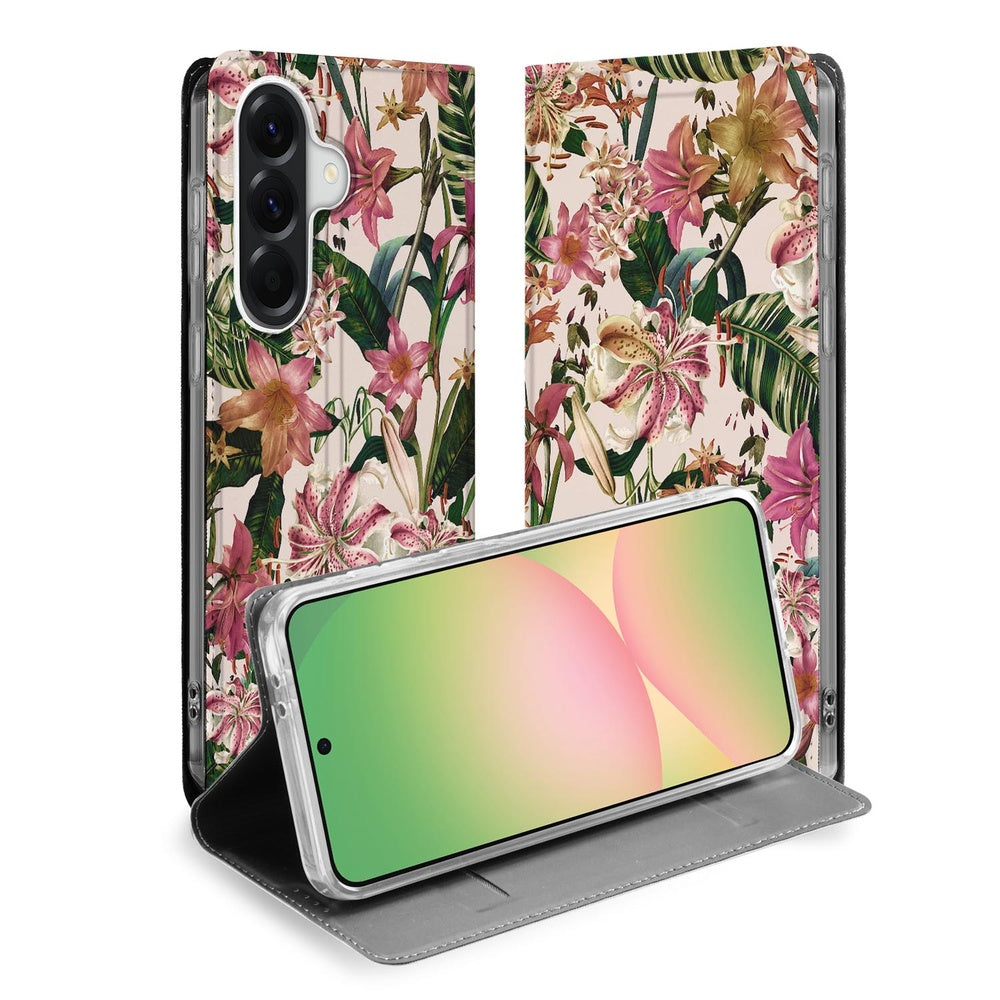 Samsung Galaxy A57 Smart Cover Hoesje Flowers Detail bloemen ontwerp met paarswitte bloemen en groene bladeren.