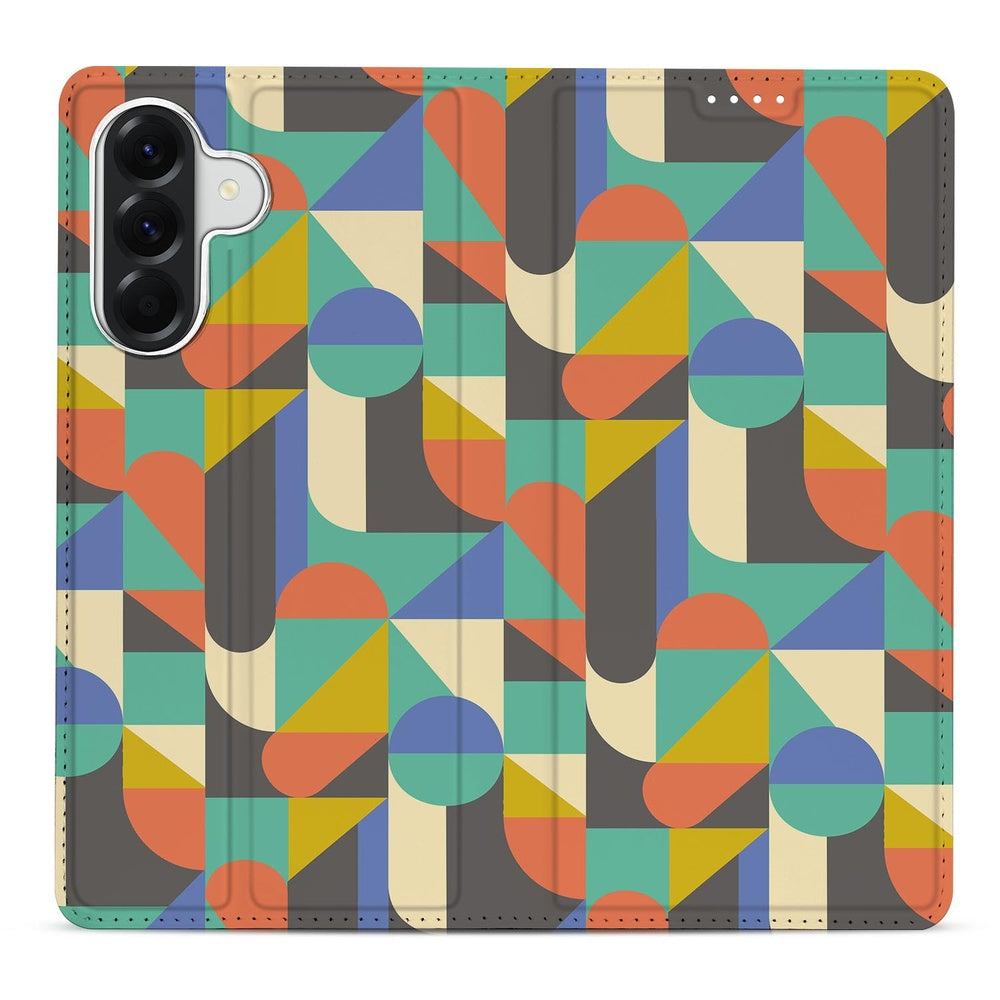 Samsung Galaxy A57 Book Case Funky Retro design kleurrijk geometrisch vooraanzicht.