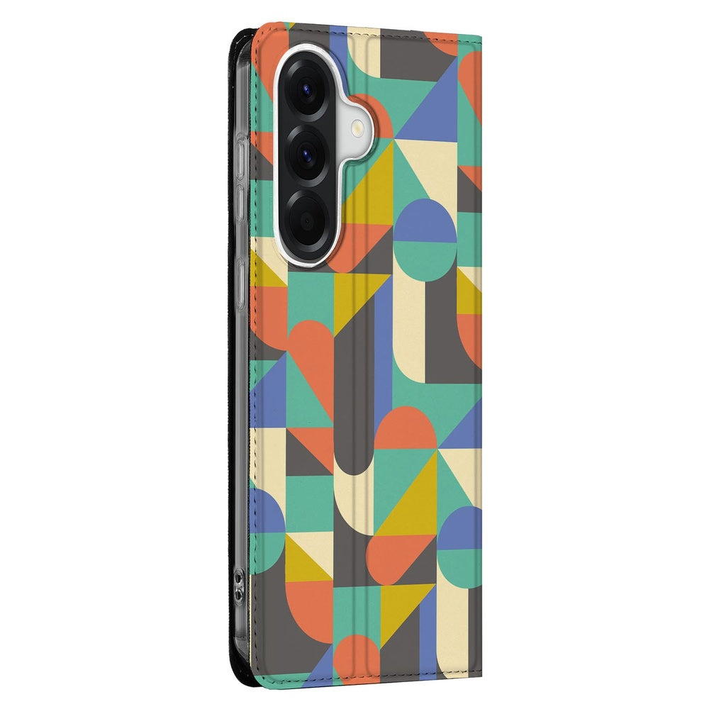 Samsung Galaxy A57 Book Case Funky Retro design kleurrijke geometrische print vooraanzicht.