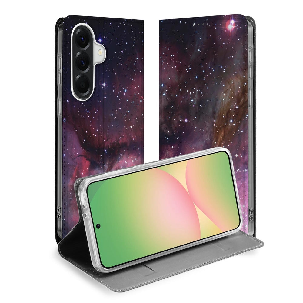Samsung Galaxy A57 Book Case kosmisch ontwerp vooraanzicht.