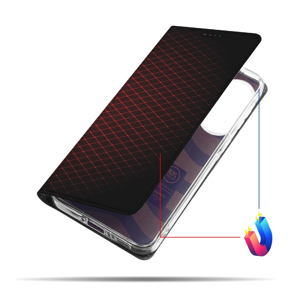 Bookcase Samsung Galaxy A57 Geruit Rood vooraanzicht met zwart-rood geruit patroon en transparante achterkant.