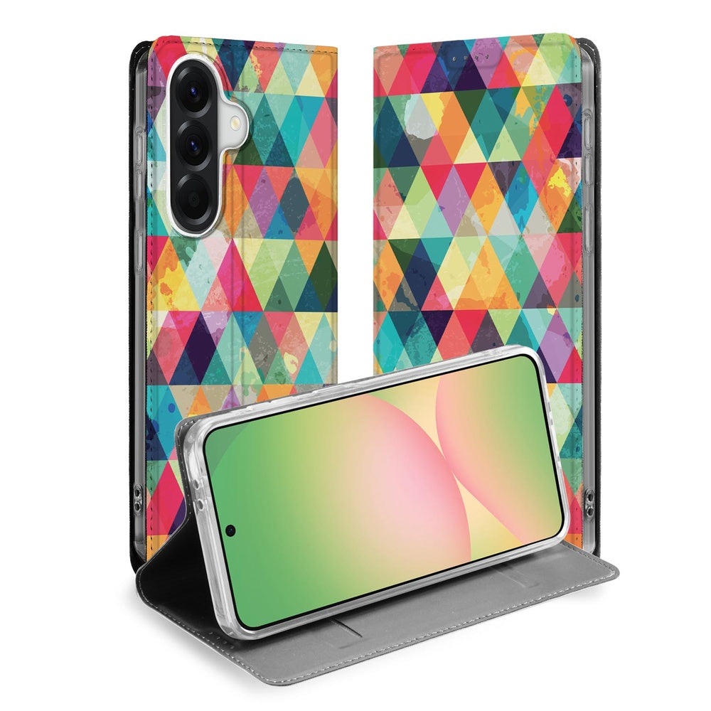 Samsung Galaxy A57 Book Cover Geruit kleurrijke ruitjes vooraanzicht.