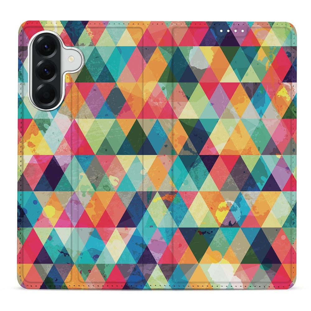Samsung Galaxy A57 Book Cover Geruit kleurrijke ruiten patroon vooraanzicht.