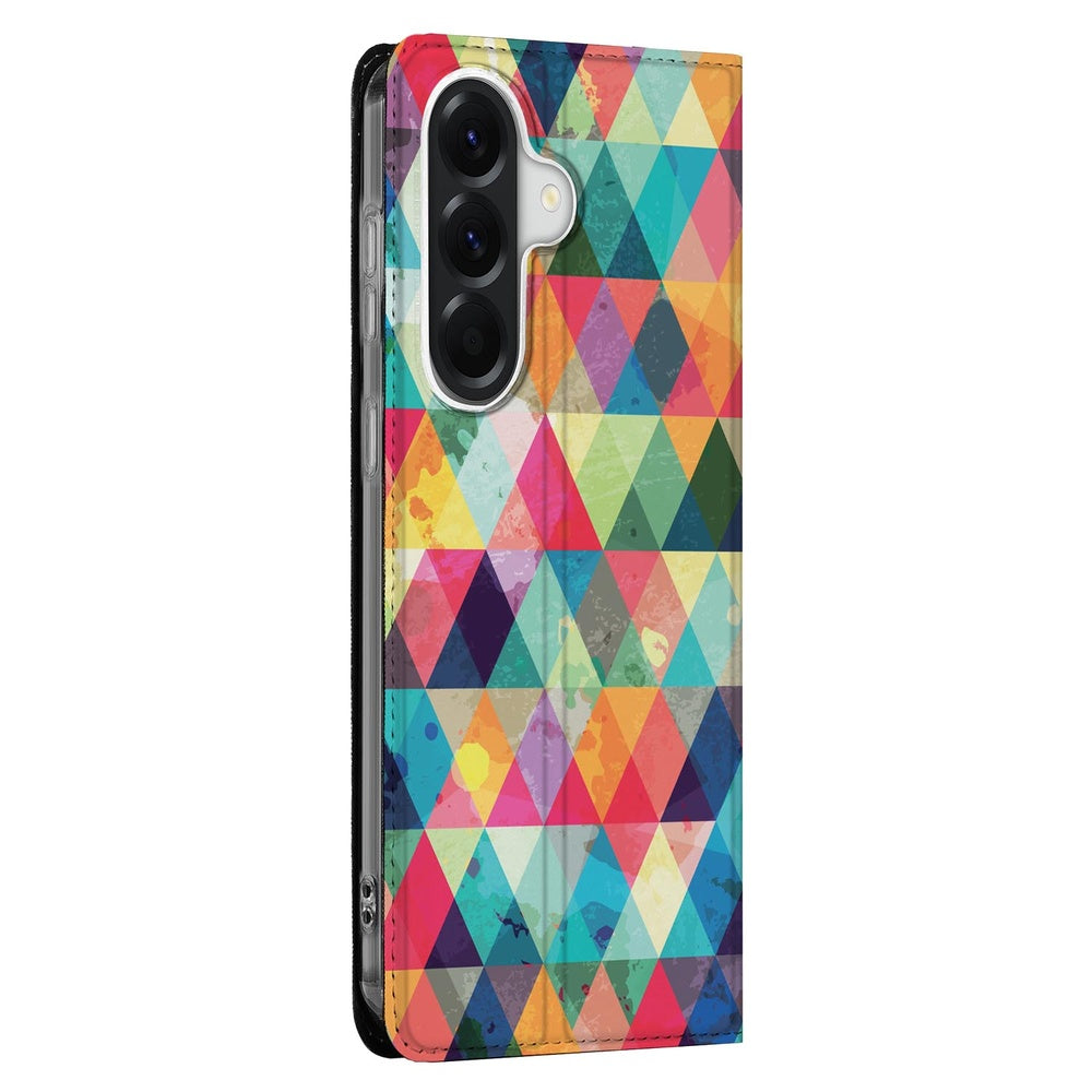 Samsung Galaxy A57 Book Cover Geruit kleurrijke ruitjes design vooraanzicht.