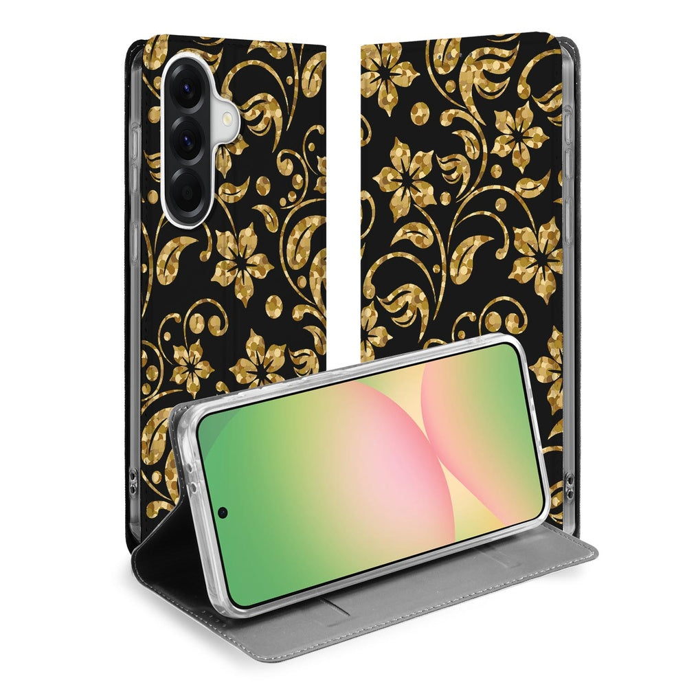 Samsung Galaxy A57 Telefoonhoesje Gouden Bloemen Voor- en Achteraanzicht.