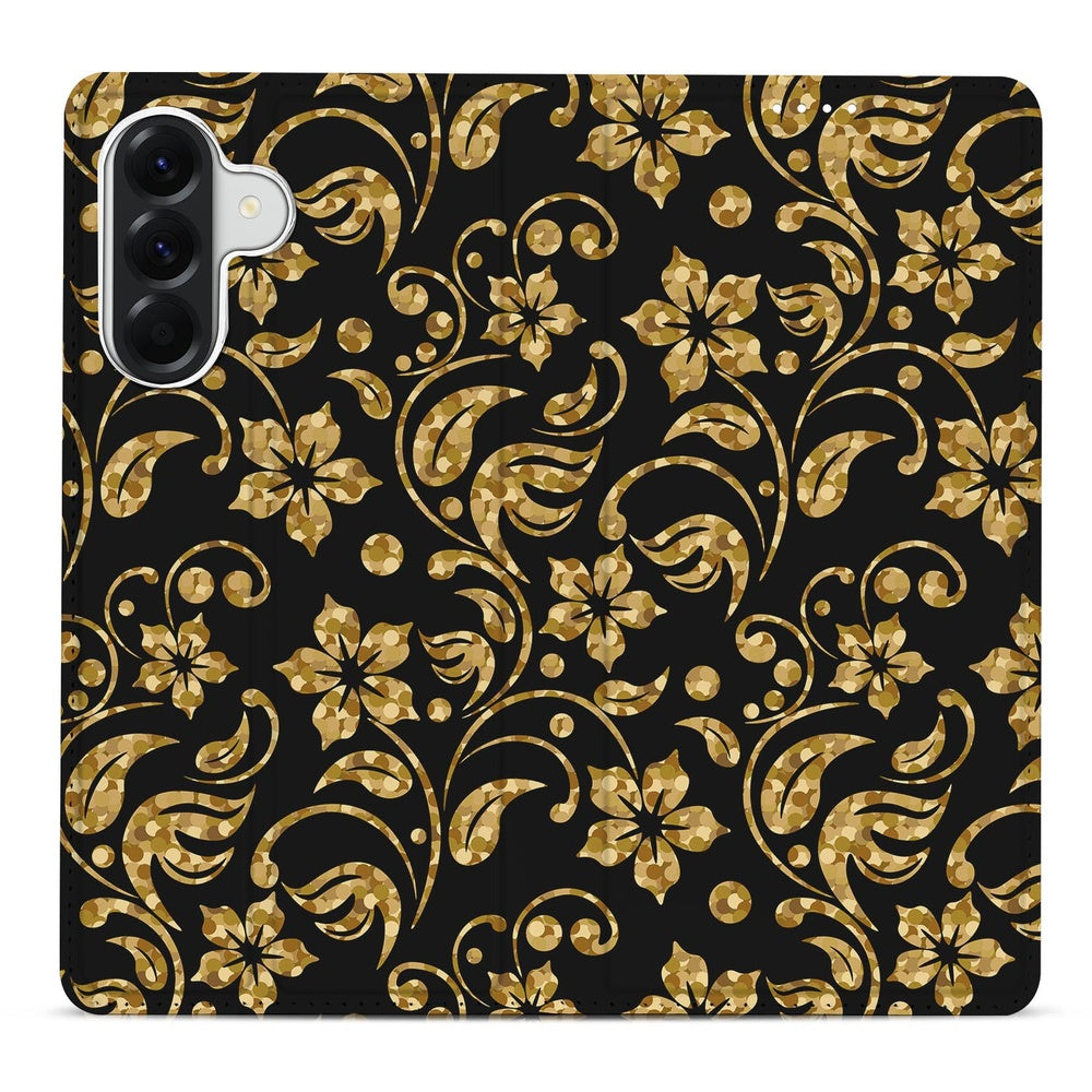 Samsung Galaxy A57 Telefoonhoesje Gouden Bloemen achterkant met zwarte achtergrond.