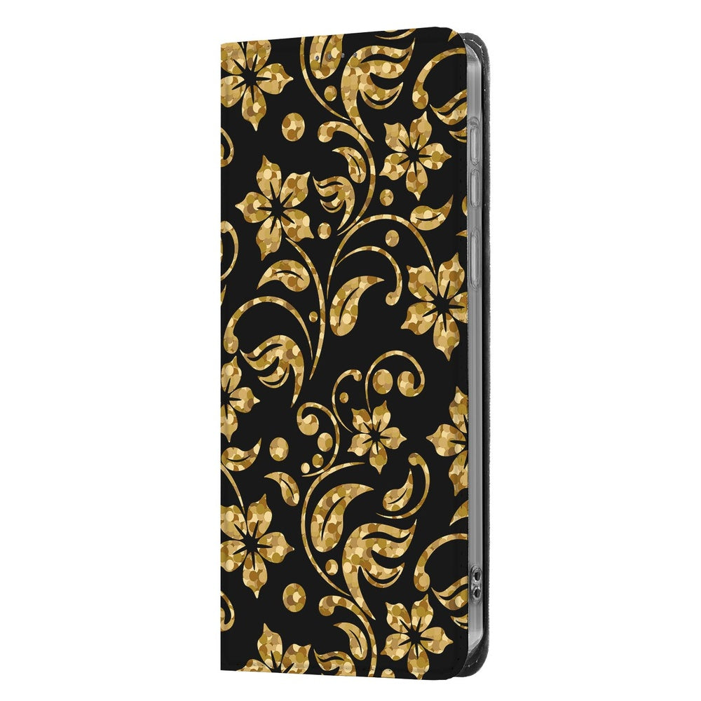 Samsung Galaxy A57 Telefoonhoesje Gouden Bloemen Design Vooraanzicht.