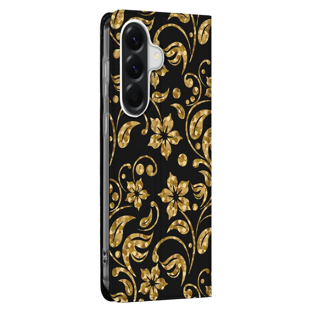 Samsung Galaxy A57 Telefoonhoesje Gouden Bloemen Vooraanzicht.