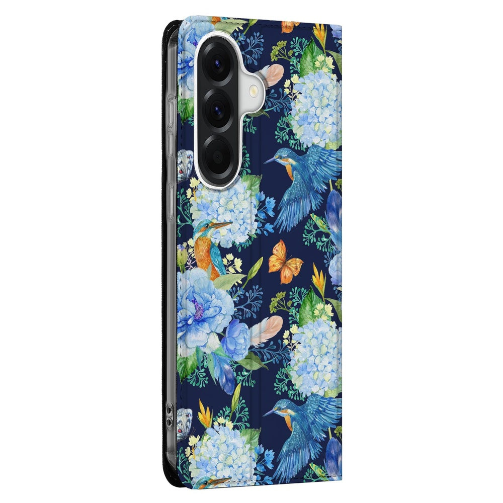 Book Wallet Case Samsung Galaxy A57 IJsvogel detail kleurrijk bloemenprint.