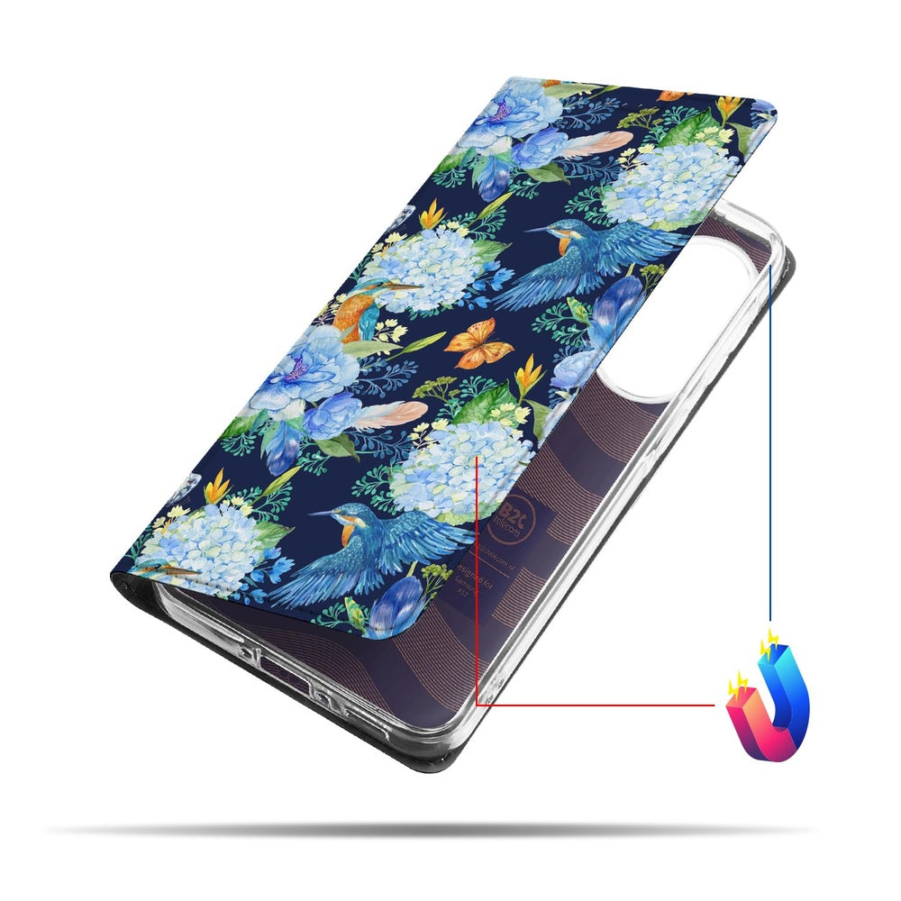 Samsung Galaxy A57 Book Wallet Case IJsvogel bloemenprint vooraanzicht.