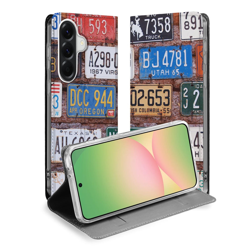 Samsung Galaxy A57 Book Case Kentekenplaten design met Amerikaanse kentekenplaten vooraanzicht.