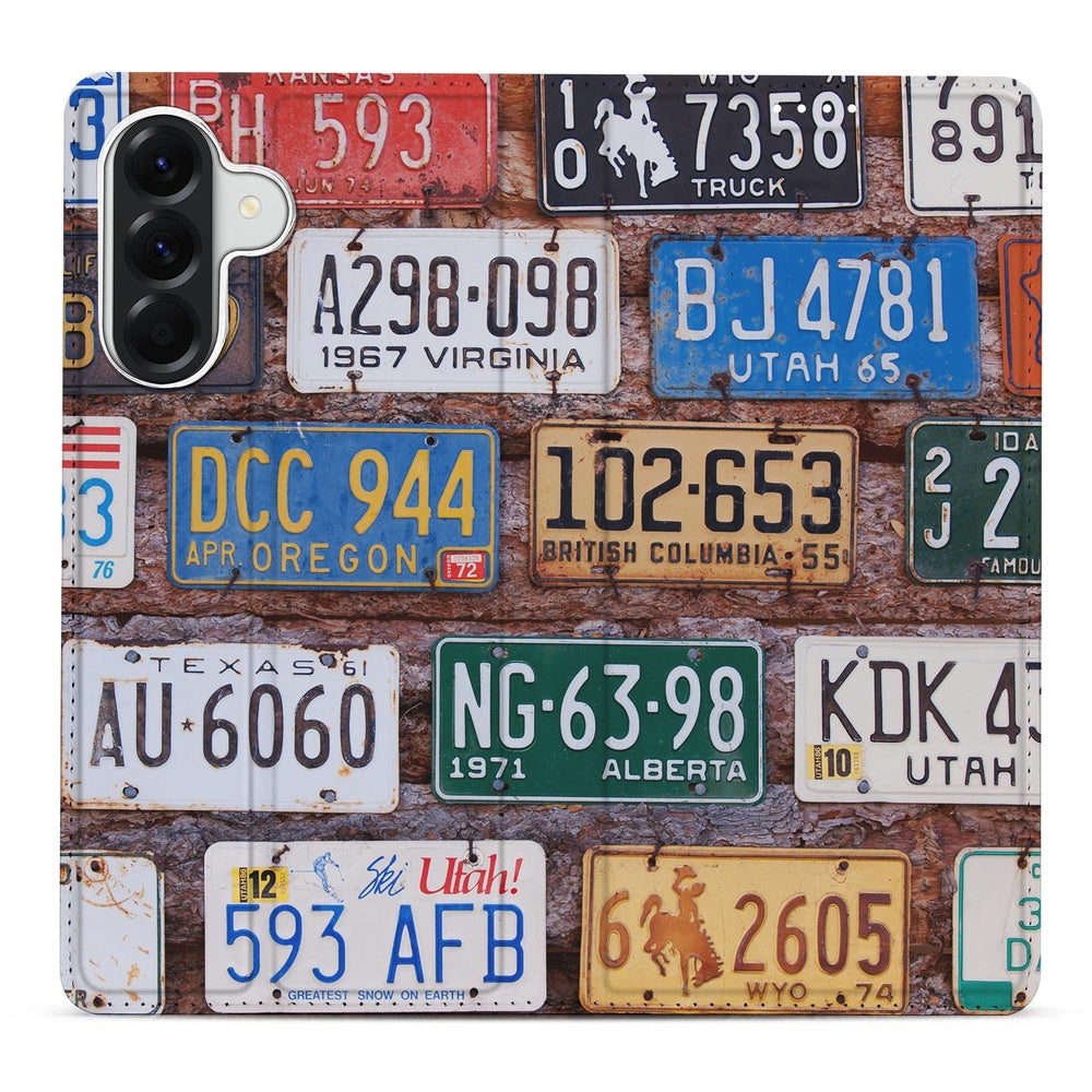Samsung Galaxy A57 Book Case Kentekenplaten retro design vooraanzicht.