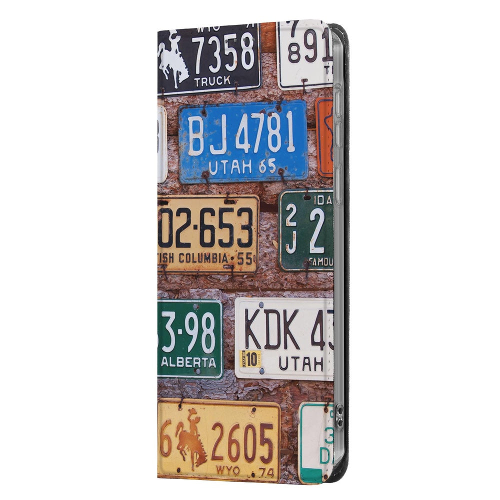 Samsung Galaxy A57 Book Case Kentekenplaten design levendige collage van Amerikaanse kentekenplaten vooraanzicht.