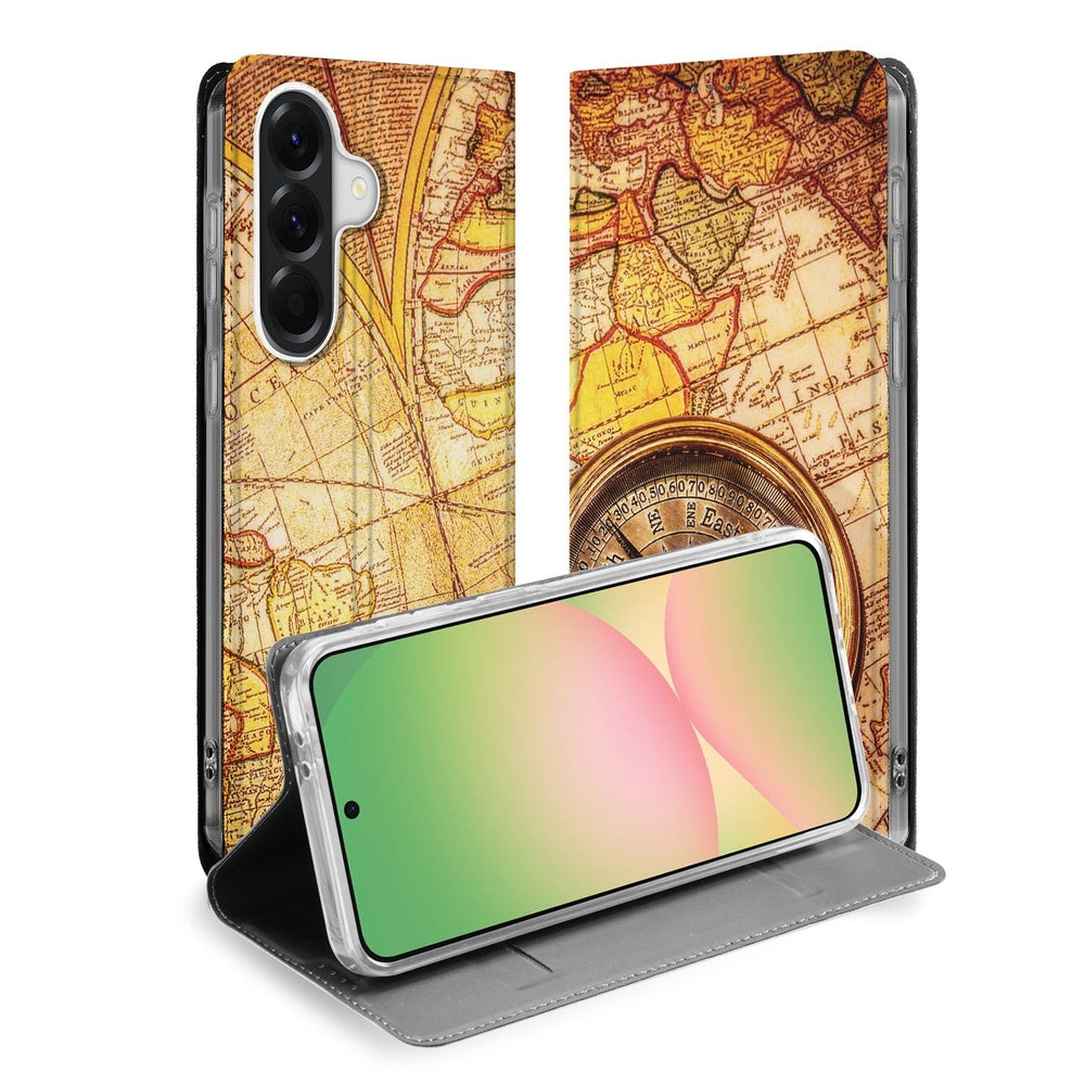 Samsung Galaxy A57 Bookcase Kompas voorkant en open met telefoon erin.