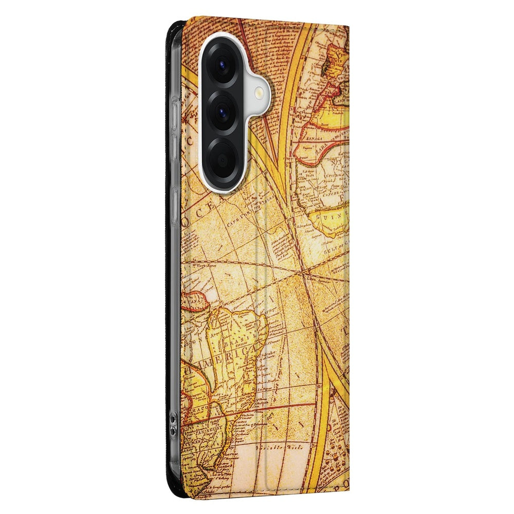 Samsung Galaxy A57 Bookcase Kompas design met wereldkaart patroon, vooraanzicht.