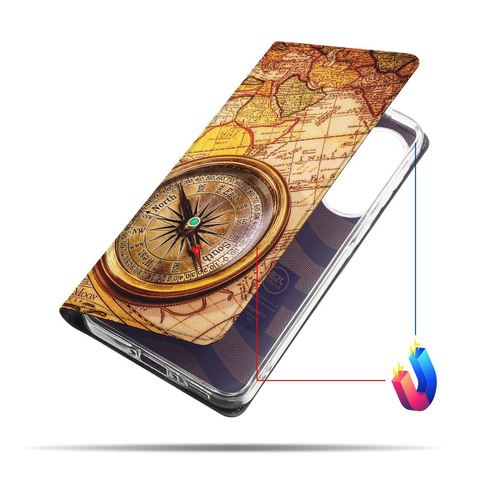 Bookcase Samsung Galaxy A57 Kompas boekhoes kompas print zijaanzicht.