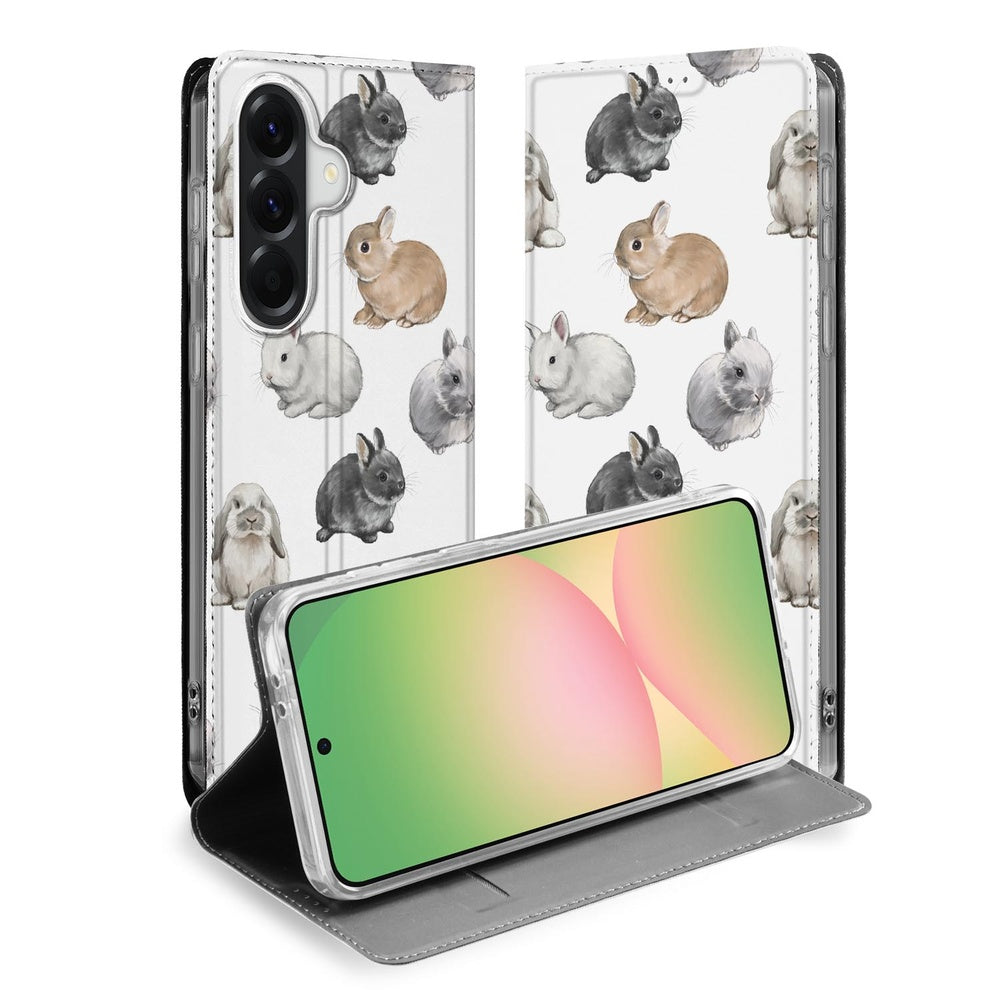 Samsung Galaxy A57 Book Cover Konijntjes binnenkant zachte bunny-print en smartphone aanzicht.