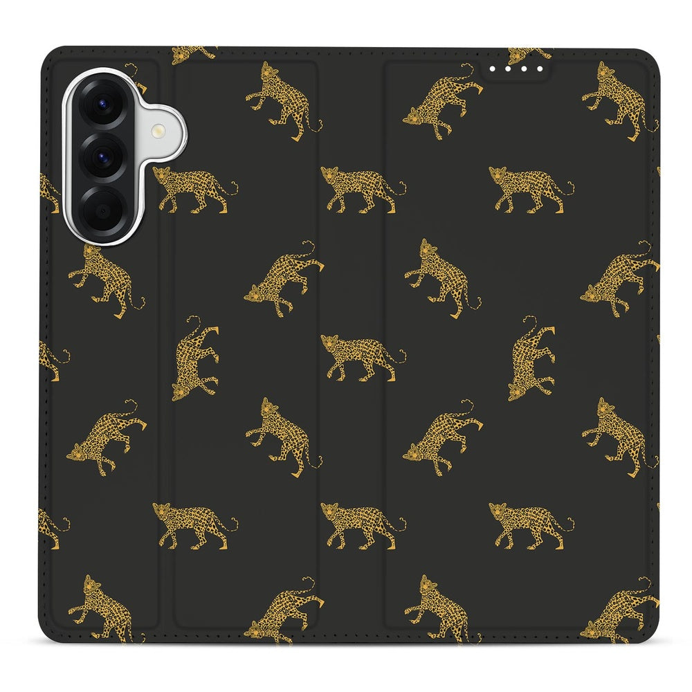 Samsung Galaxy A57 Book Wallet Case Leopards Design Zwart Goude Luipaarden Vooraanzicht.