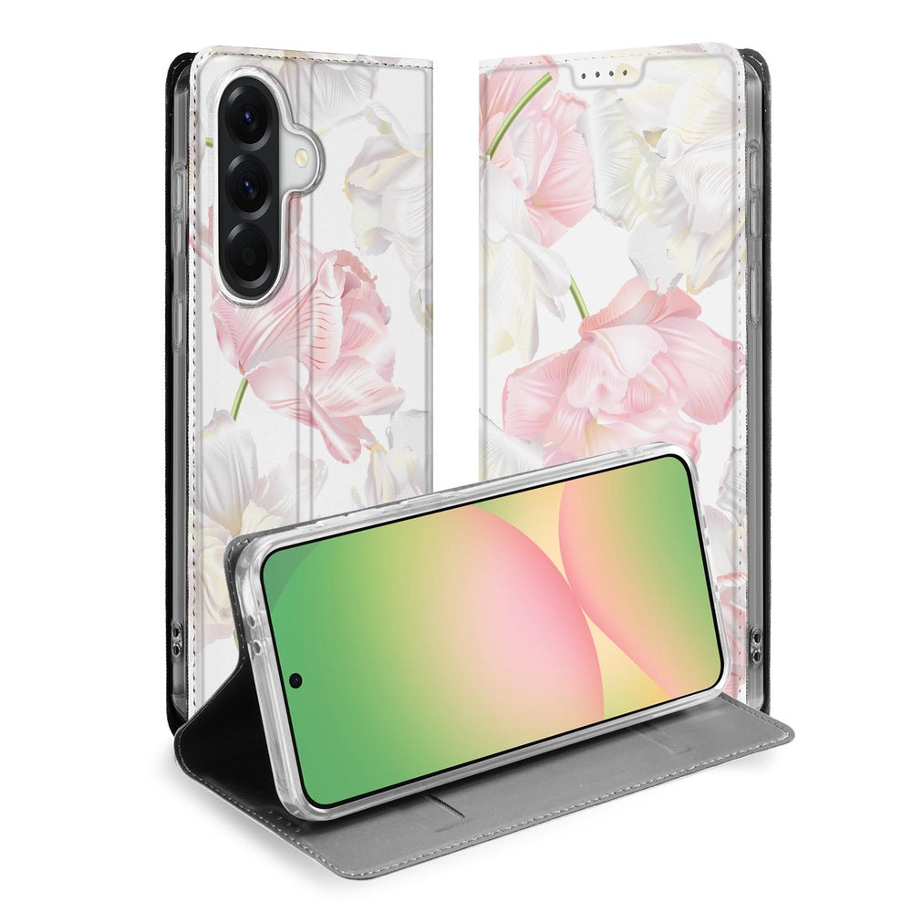 Samsung Galaxy A57 Book Case Lovely Flowers vooraanzicht met roze en witte bloemen.