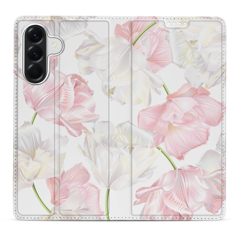 Samsung Galaxy A57 Book Case Lovely Flowers detail ontwerp met roze en witte bloemen.