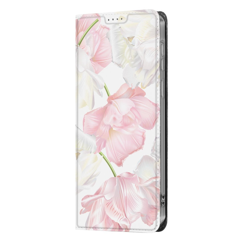 Samsung Galaxy A57 Book Case Lovely Flowers voorkant met roze en witte bloemen.
