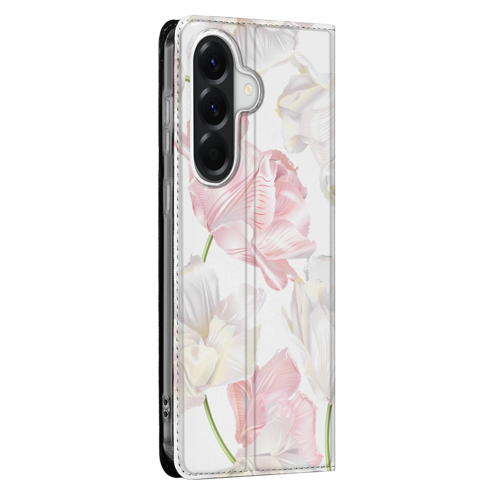 Samsung Galaxy A57 Book Case Lovely Flowers zijaanzicht met rozen en witte bloemen.
