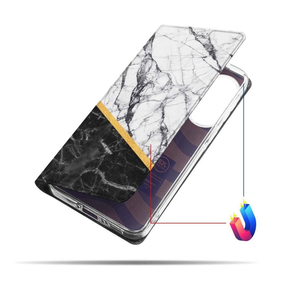 Samsung Galaxy A57 Book Cover Marble White Black Aanzicht detail.