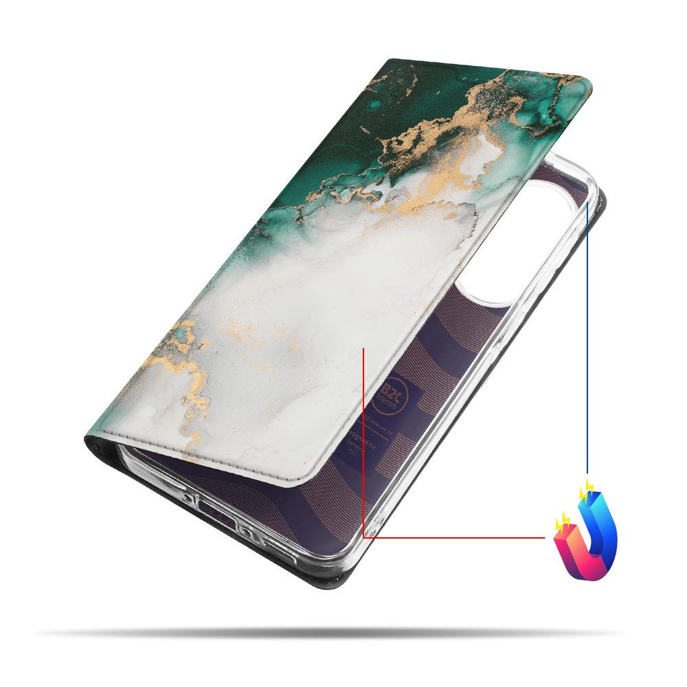 Samsung Galaxy A57 Book Cover Marmer Groen Standcase Vooraanzicht.