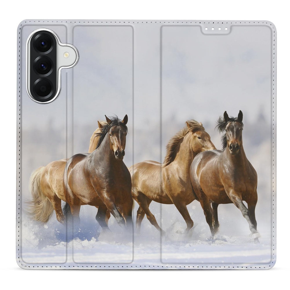 Samsung Galaxy A57 Book Wallet Case Paarden realistisch ontwerp vooraanzicht.