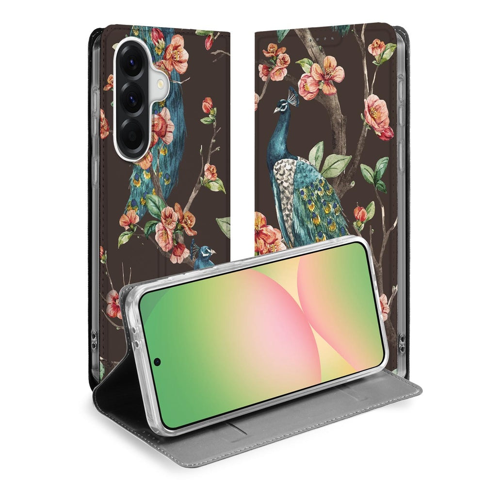 Samsung Galaxy A57 Bookcase Pauw met Bloemen Vooraanzicht.