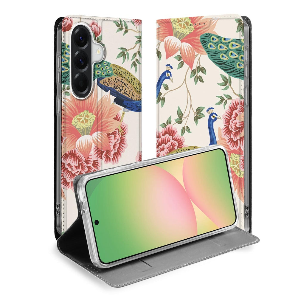 Book Cover Samsung Galaxy A57 Pink Peacock design pauw bloemen vooraanzicht.