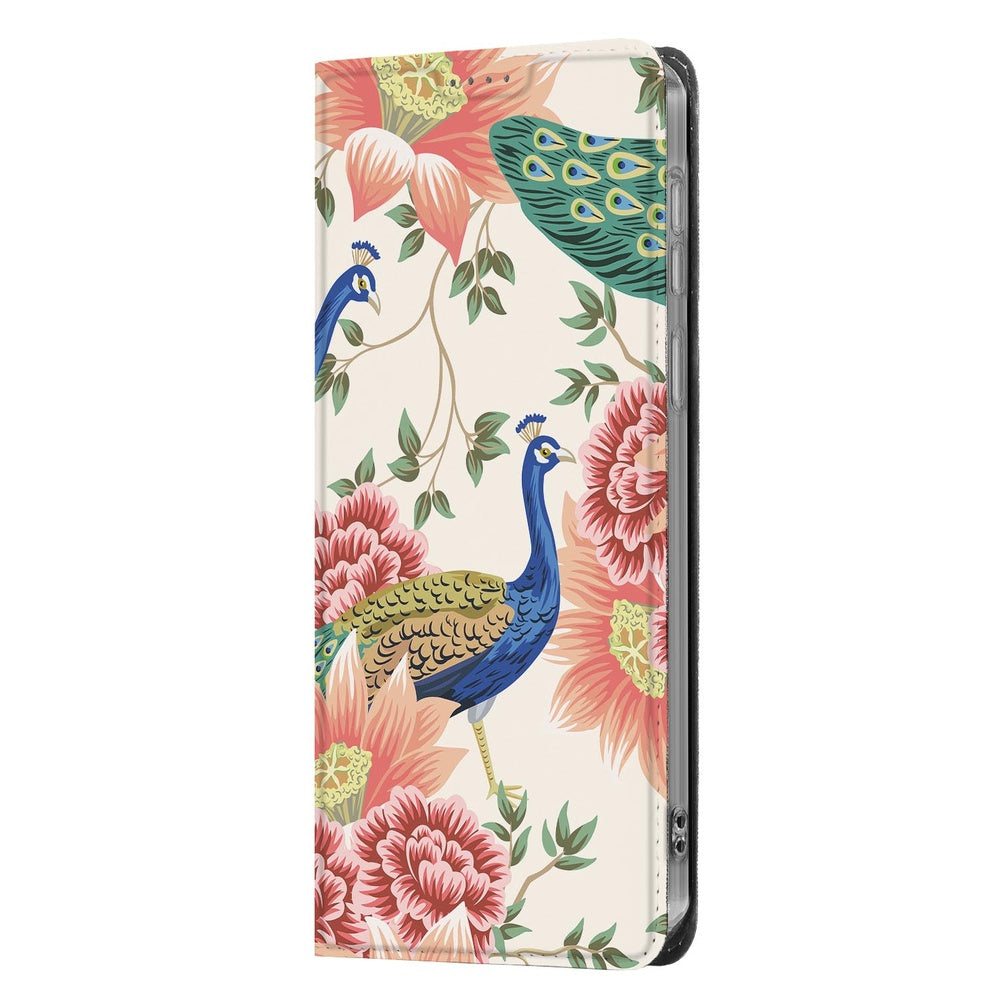 Samsung Galaxy A57 Book Cover Pink Peacock bloemen en pauwen vooraanzicht.