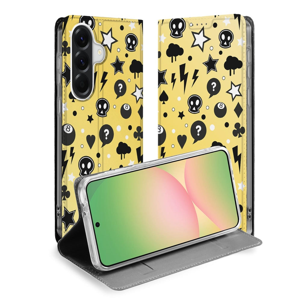 Samsung Galaxy A57 Book Cover Punk Yellow Vooraanzicht met kleurrijke iconen.