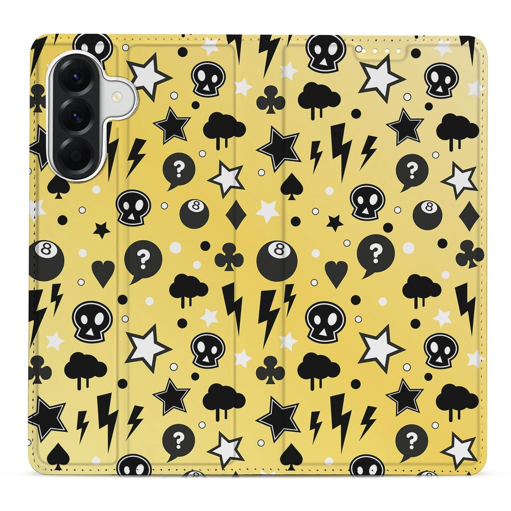 Samsung Galaxy A57 Book Cover Punk Yellow detail met speelse iconen op een felgele achtergrond.
