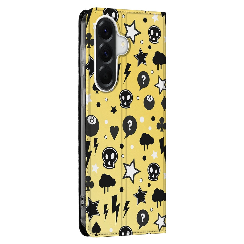 Samsung Galaxy A57 Book Cover Punk Yellow zijkant met iconen sterren bliksem schedels.