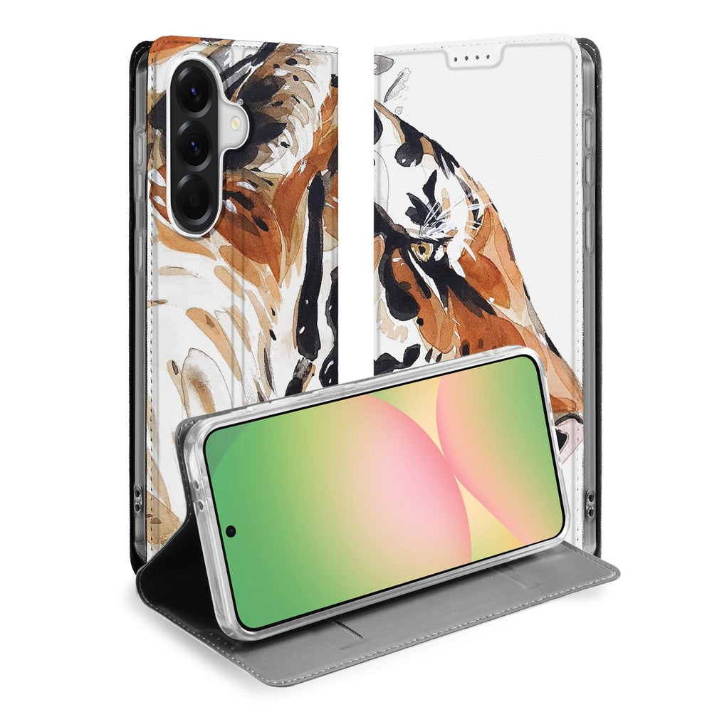 Samsung Galaxy A57 Book Cover Tiger watercolor ontwerp vooraanzicht.